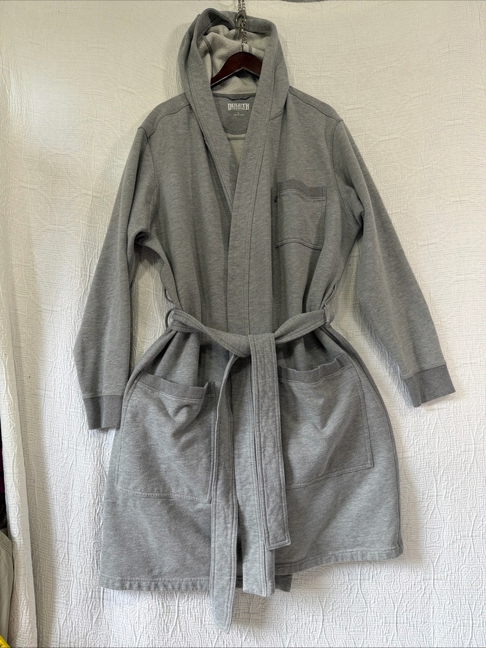 Duluth Trading Co Hooded Robe Mens Large Heather Gray Lounge Casual Cozy Belted